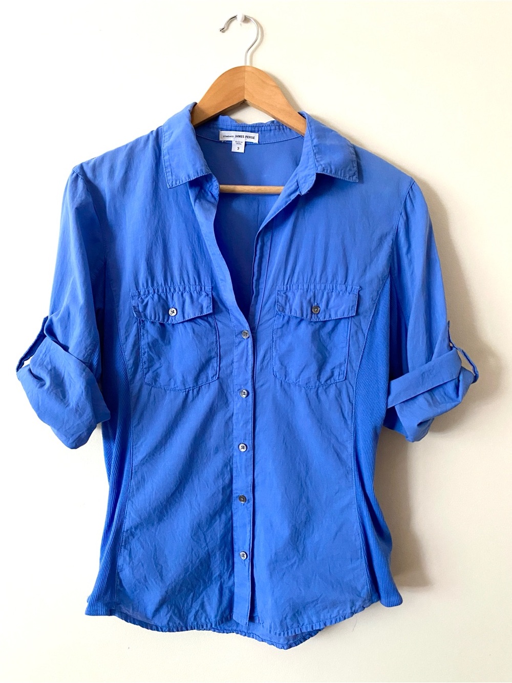 James Perse Cornflower Blue 100% Cotton Button Down 3/4 Sleeves Size 3 (US L)